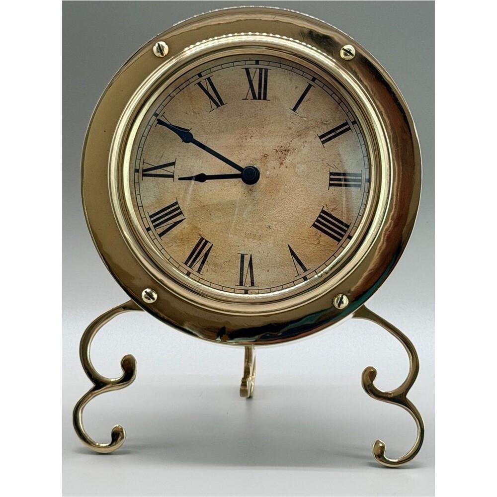 VTG Maritime Brass Porthole Desk Table Clock USA Takane Quartz Tripod Stand